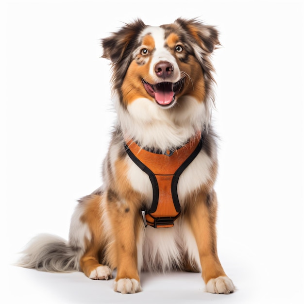 Australian shepherd sitting panting looking at camera