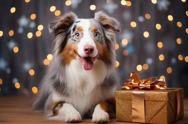 Australian Shepherd with New Years gift box