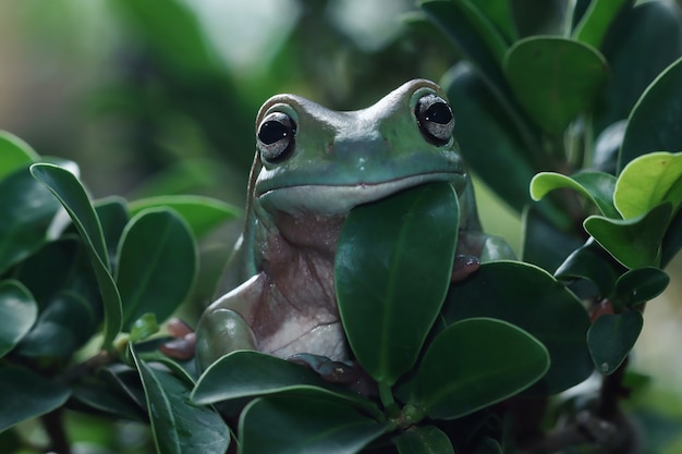 Australian white tree frog on green leaves