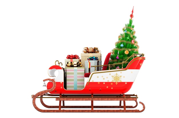 Austrian flag painted on the Christmas Santa sleigh full of gifts and Christmas tree 3D rendering