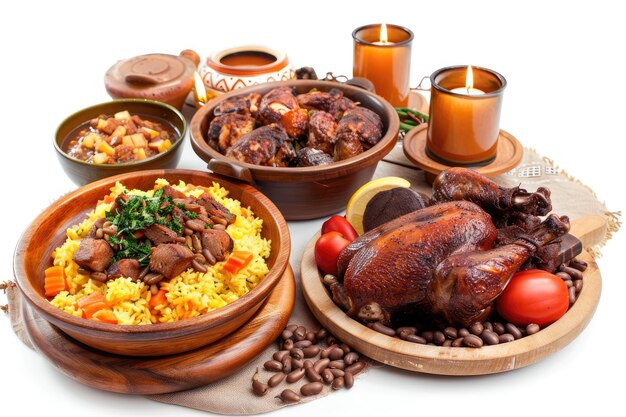 Authentic African Cuisine for a Kwanzaa Celebration Presented on a Clean White Canvas