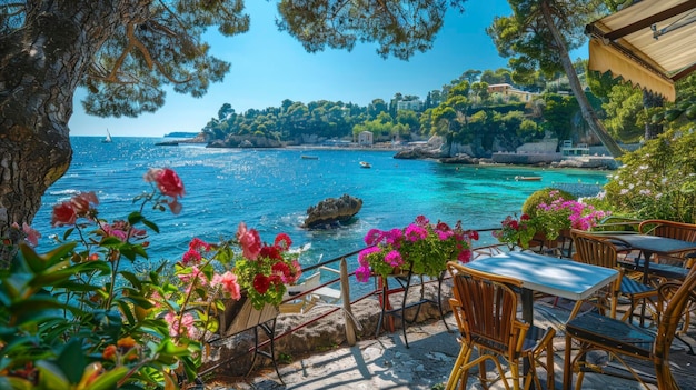 Authentic atmospheric cafe on the shore of the French Riviera under green trees