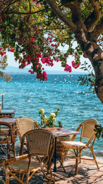 Authentic atmospheric cafe on the shore of the French Riviera under green trees