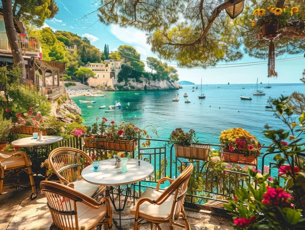 Authentic atmospheric cafe on the shore of the French Riviera under green trees