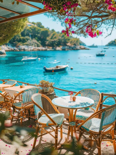 Authentic atmospheric cafe on the shore of the French Riviera under green trees