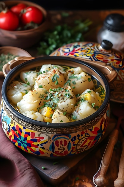 Authentic Brazilian Seafood Salt Cod Served in FolkPatterned Pot