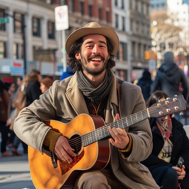 Photo authentic and candid photo of a street musician immersed in his performance in a crowded city squar