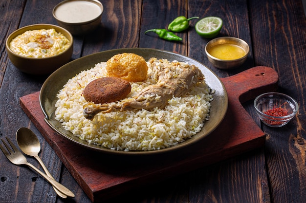 Authentic Chicken biriyani on a dark wooden backdrop