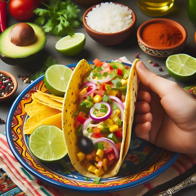 Authentic Handheld Mexican Taco Over Colorful Plate