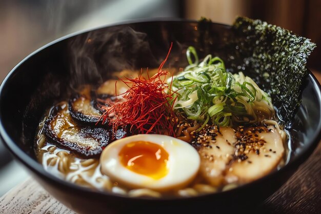 Photo authentic japanese ramen bowl with boiled egg sliced pork fresh greens and spicy chili peppers