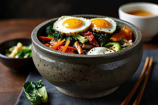 Photo authentic korean bibimbap with fried egg generative ai