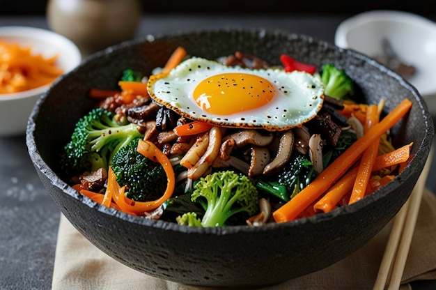 Photo authentic korean bibimbap with fried egg generative ai