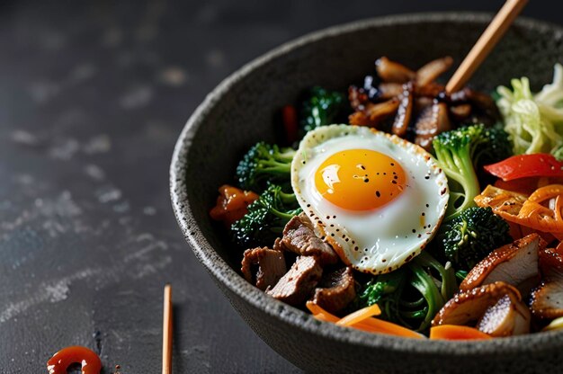 Photo authentic korean bibimbap with fried egg generative ai