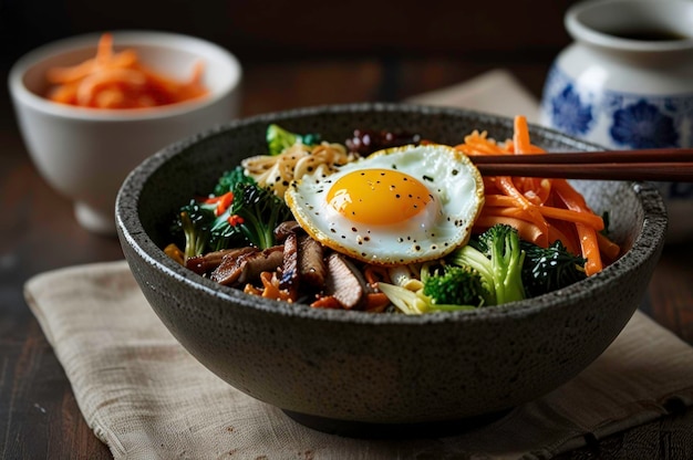 Authentic Korean Bibimbap with Fried Egg Generative Ai