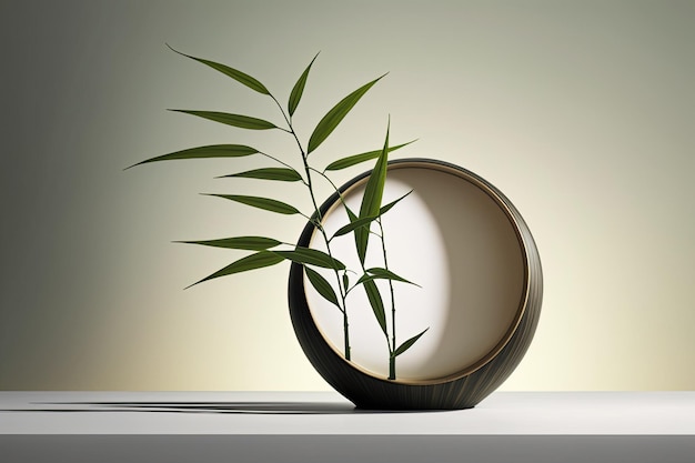 An authentic looking green bamboo leaf in a natural bamboo vase on a finely crafted wooden table