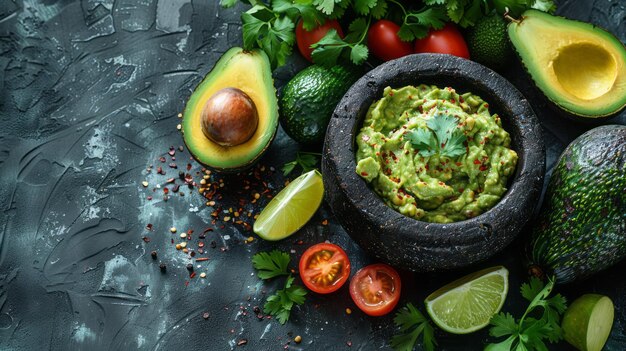 Photo authentic mexican guacamole on rustic green table