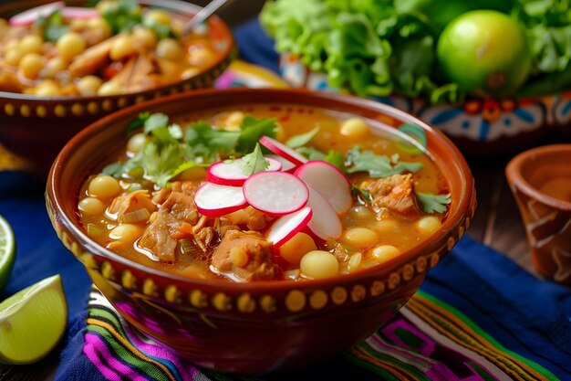 Authentic Mexican pozole soup with pork hominy and traditional toppings