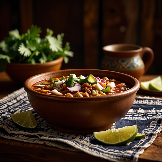 Photo authentic mexican pozole with fresh garnishes