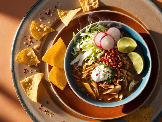 Photo authentic pozole dish with fresh toppings