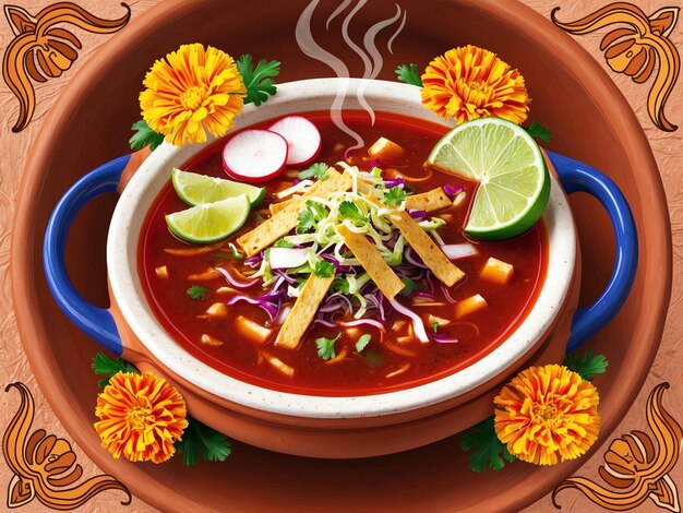 Photo authentic pozole dish with fresh toppings