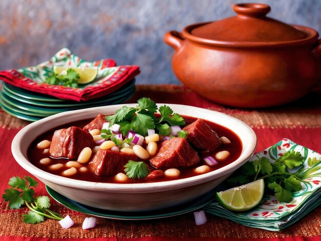 Photo authentic pozole dish with fresh toppings