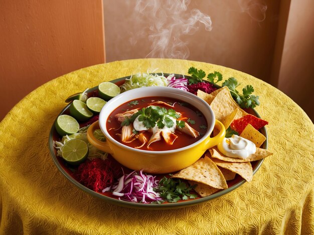 Photo authentic pozole dish with fresh toppings