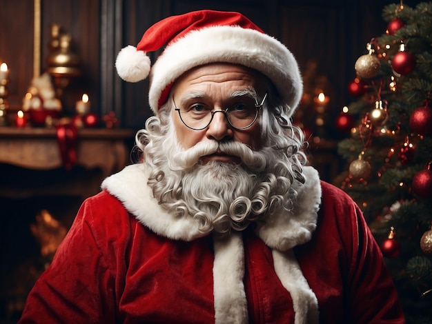 Authentic santa claus sitting in his rocker near fireplace looking at camera and offering a christm