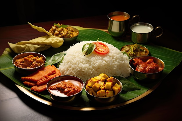 Authentic South Indian Meal Served on Banana Leaf Traditional Curry and Cuisine of India