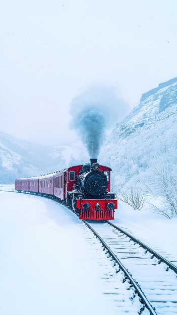 Photo an authentic steam train blanketed in snow waits at the station on a snowy christmas day