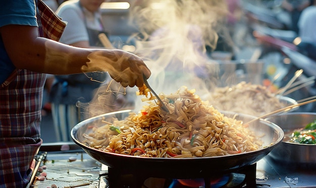 Photo authentic thai street vendor preparing pad see ew