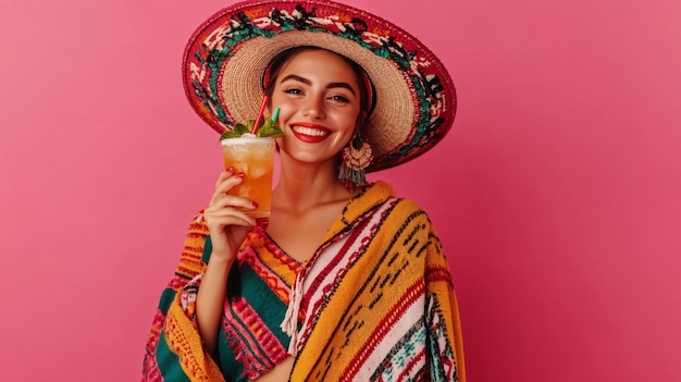 Authentic Young Woman in Mexican Sombrero Hat and Poncho Holding