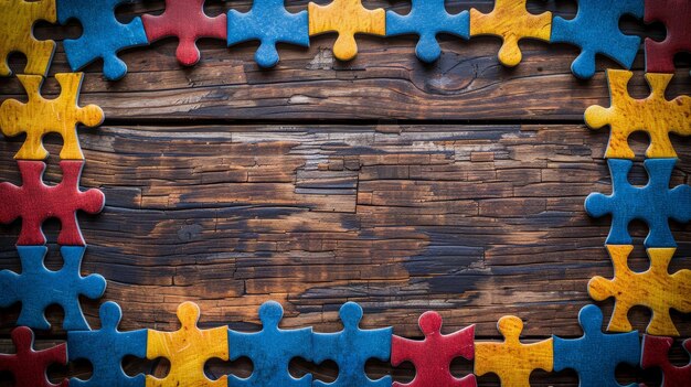 Autism Awareness Puzzle Frame on Wooden Background Generative AI