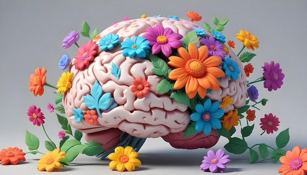 Autism Brain with Blooming Flowers in Paper Craft Style