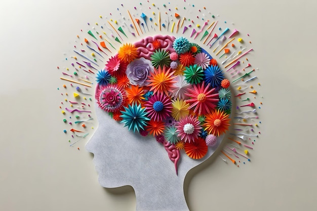 Autism Brain with Blooming Flowers in Paper Craft Style