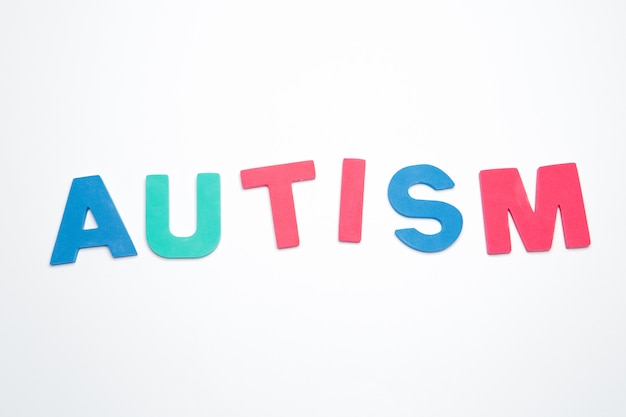 Autism spelled out in pink green and blue