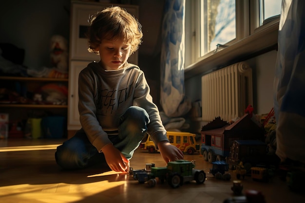 autistic boy plays with a toy on the floor of his house