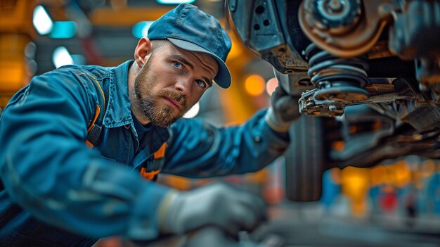 Auto car repair service center A mechanic checks the suspension of an automobile