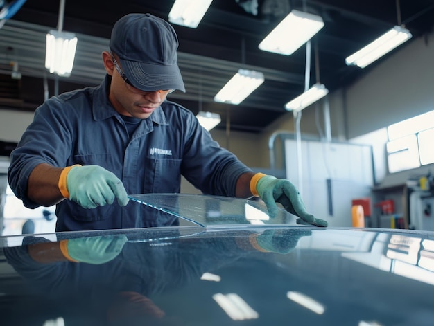 Photo auto glass repair a mechanic installing a new windshield