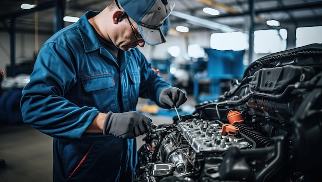 Auto mechanic checking car engine in auto repair shop