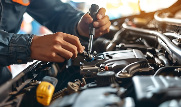 Photo auto mechanic repairing a car engine in auto repair shop