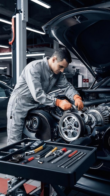 Auto mechanic reprs running gear of a car in car service