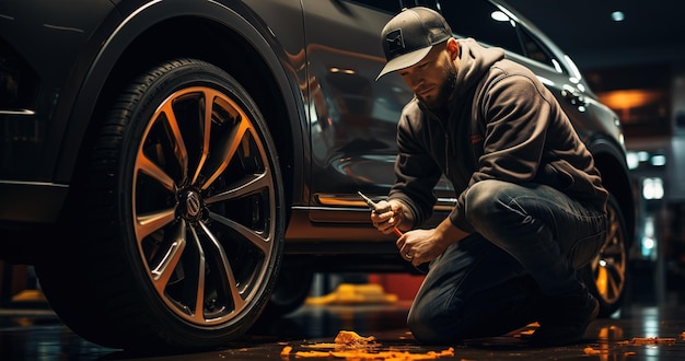 An auto mechanic works in a garage and changes light alloy tires Car service repair or maintenance