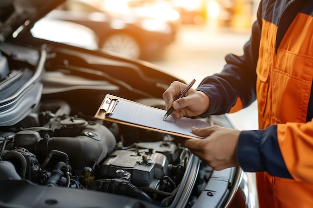 Photo auto mechanic writing on clipboard in auto repair shop car service concept