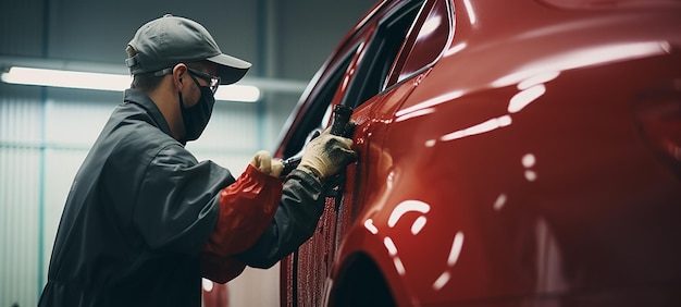 Auto Painter Spraying Red Paint on Car Door