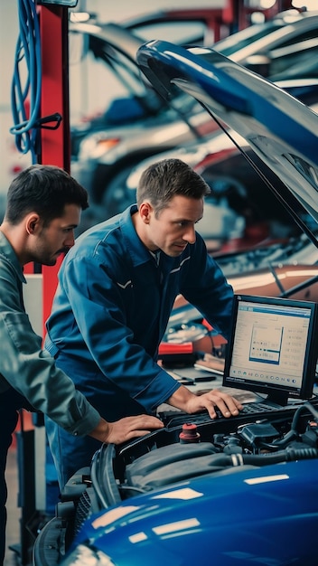 Photo auto repairman working on a computer while doing car diagnostic with his coworker in a workshop