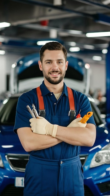 Auto technician holding tools while standing in a service center