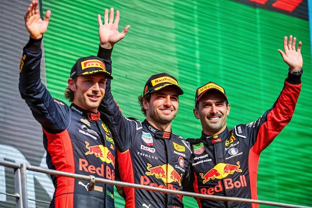 Photo autodromo nazionale monzamonza italy 3september2023 max verstappen sergio perez and carlos sainz on the podium during formula one italian grand prix