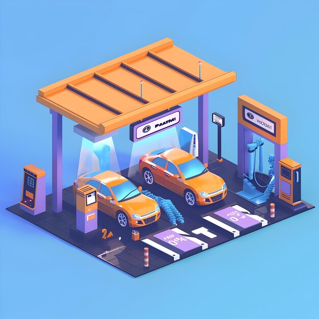 Photo automated car wash facility with cleaning machines and colorful isometric pixel art design