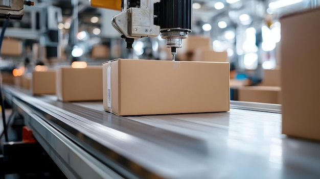 Photo automated cardboard box sealing on an industrial assembly line