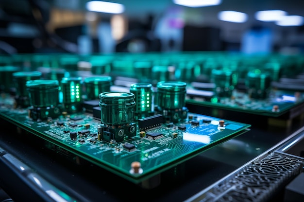 Automated chip mounter in printed circuit board workshop for electronics production